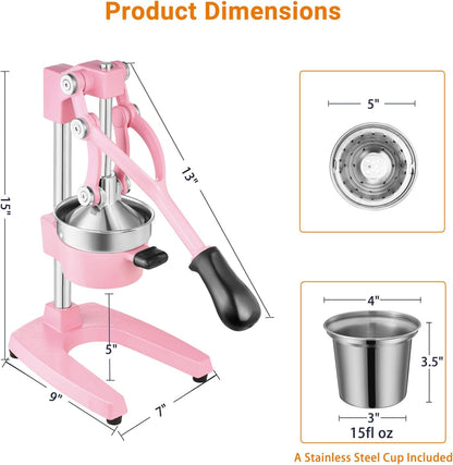 Manual Juicer, Heavy Duty Cast Iron Juicer | Hand Press Juicer for Orange Lemon Lime Pomegranate & Citrus Fruits, High Leverage for Easy Juicing, Stainless Steel Cup, Easy to Clean, Black