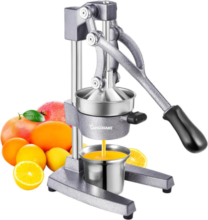 Manual Juicer, Heavy Duty Cast Iron Juicer | Hand Press Juicer for Orange Lemon Lime Pomegranate & Citrus Fruits, High Leverage for Easy Juicing, Stainless Steel Cup, Easy to Clean, Black