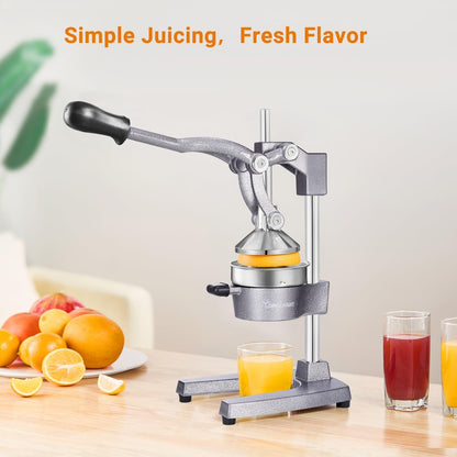 Manual Juicer, Heavy Duty Cast Iron Juicer | Hand Press Juicer for Orange Lemon Lime Pomegranate & Citrus Fruits, High Leverage for Easy Juicing, Stainless Steel Cup, Easy to Clean, Black