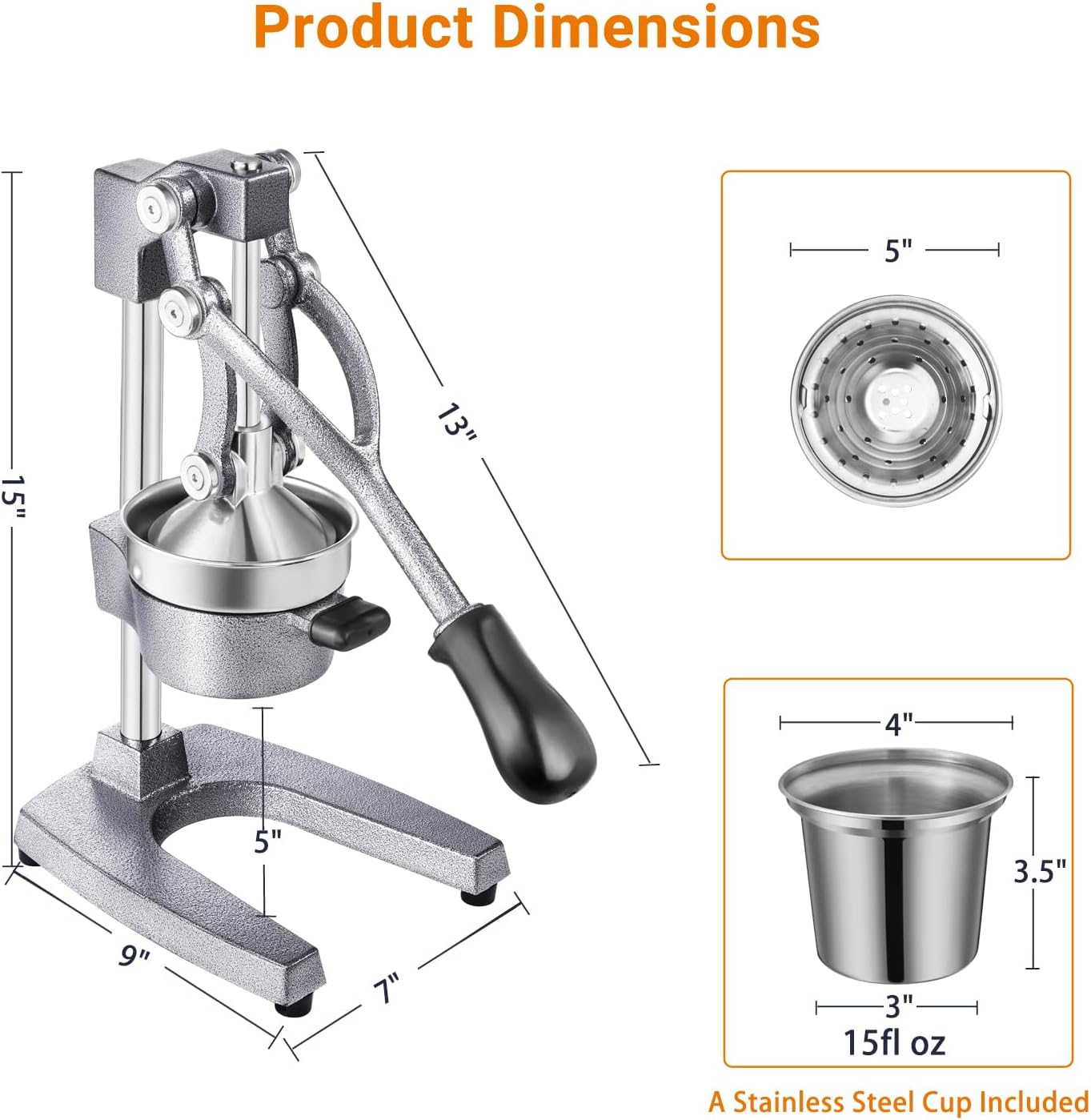 Manual Juicer, Heavy Duty Cast Iron Juicer | Hand Press Juicer for Orange Lemon Lime Pomegranate & Citrus Fruits, High Leverage for Easy Juicing, Stainless Steel Cup, Easy to Clean, Black