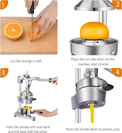 Manual Juicer, Heavy Duty Cast Iron Juicer | Hand Press Juicer for Orange Lemon Lime Pomegranate & Citrus Fruits, High Leverage for Easy Juicing, Stainless Steel Cup, Easy to Clean, Black