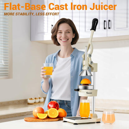 Manual Juicer, Heavy Duty Cast Iron Juicer | Hand Press Juicer for Orange Lemon Lime Pomegranate & Citrus Fruits, High Leverage for Easy Juicing, Stainless Steel Cup, Easy to Clean, Black
