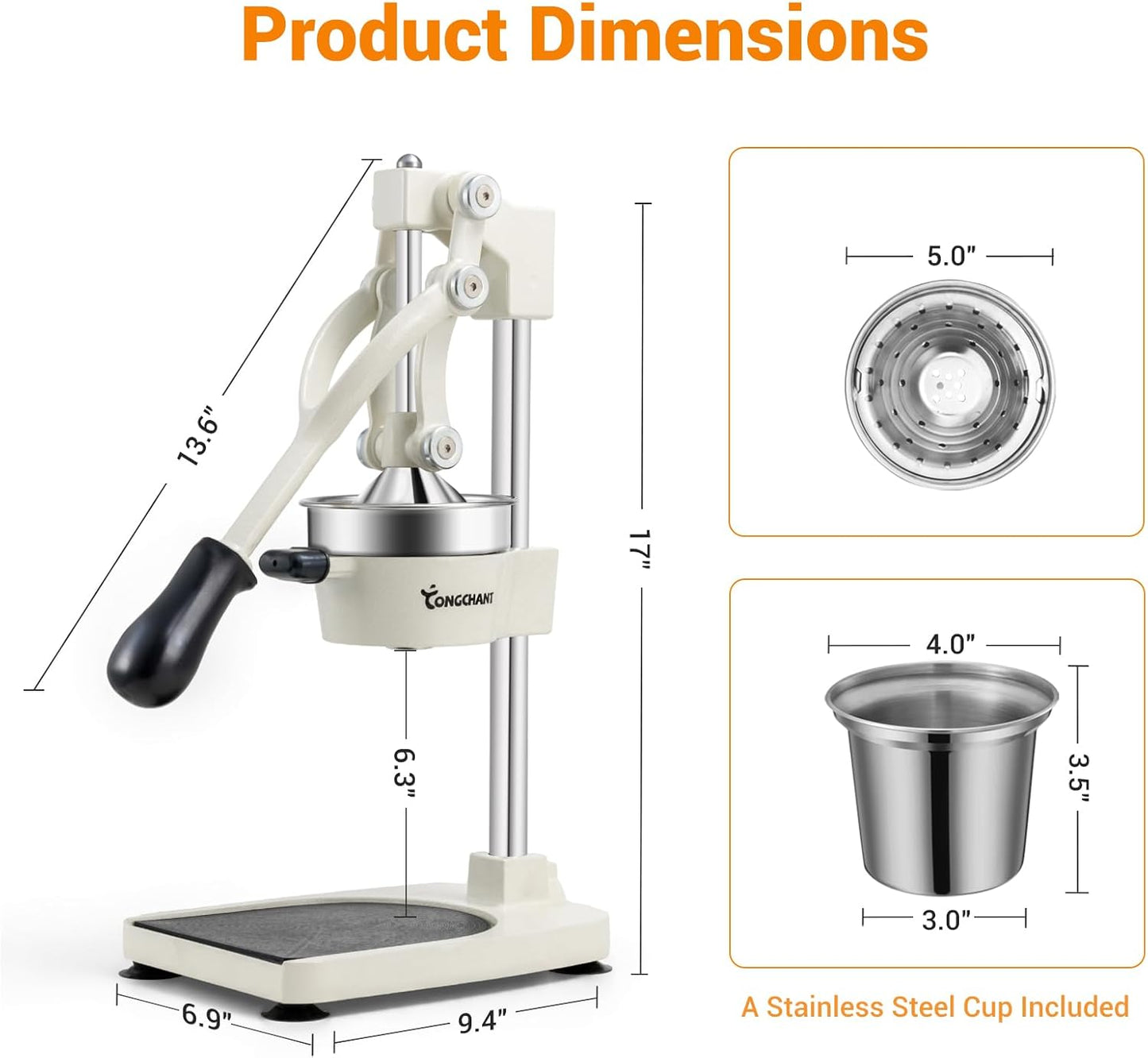 Manual Juicer, Heavy Duty Cast Iron Juicer | Hand Press Juicer for Orange Lemon Lime Pomegranate & Citrus Fruits, High Leverage for Easy Juicing, Stainless Steel Cup, Easy to Clean, Black