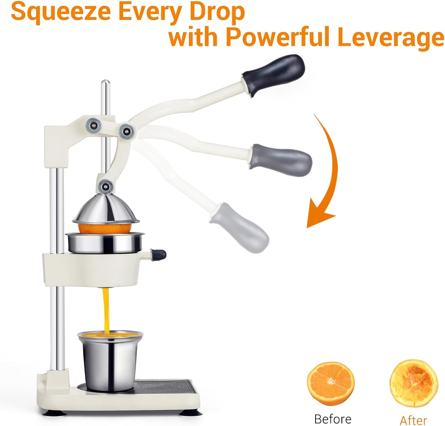 Manual Juicer, Heavy Duty Cast Iron Juicer | Hand Press Juicer for Orange Lemon Lime Pomegranate & Citrus Fruits, High Leverage for Easy Juicing, Stainless Steel Cup, Easy to Clean, Black