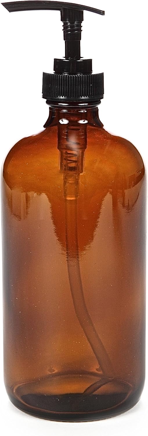 Large 16 oz Amber Glass Bottles with Black Lotion Pumps - 2 pk