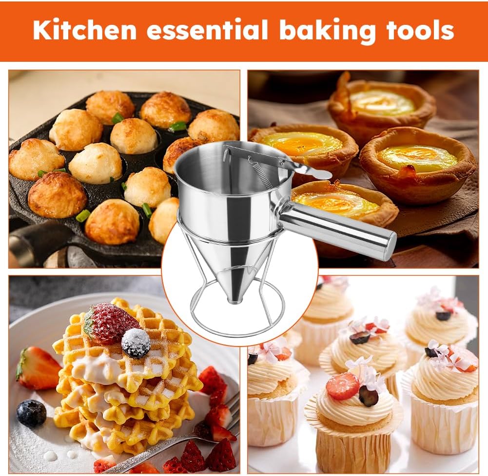 Pancake Batter Dispenser, 4-Caliber Stainless Steel Funnel Cake Dispenser with Stand Baking Tool for Cake Pancakes Cupcakes Muffins Crepes Waffles (20oz,600ml)