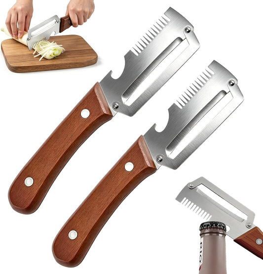 Vegetable Peeler with Wooden Handle, 2 Pack Julienne Peeler and Slicer, 3-in-1 Multifunctional Peelers for Kitchen, Stainless Steel Blade Shredder Tool for Potato, Carrot and Fruit