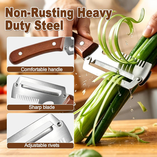 Vegetable Peeler with Wooden Handle, 2 Pack Julienne Peeler and Slicer, 3-in-1 Multifunctional Peelers for Kitchen, Stainless Steel Blade Shredder Tool for Potato, Carrot and Fruit