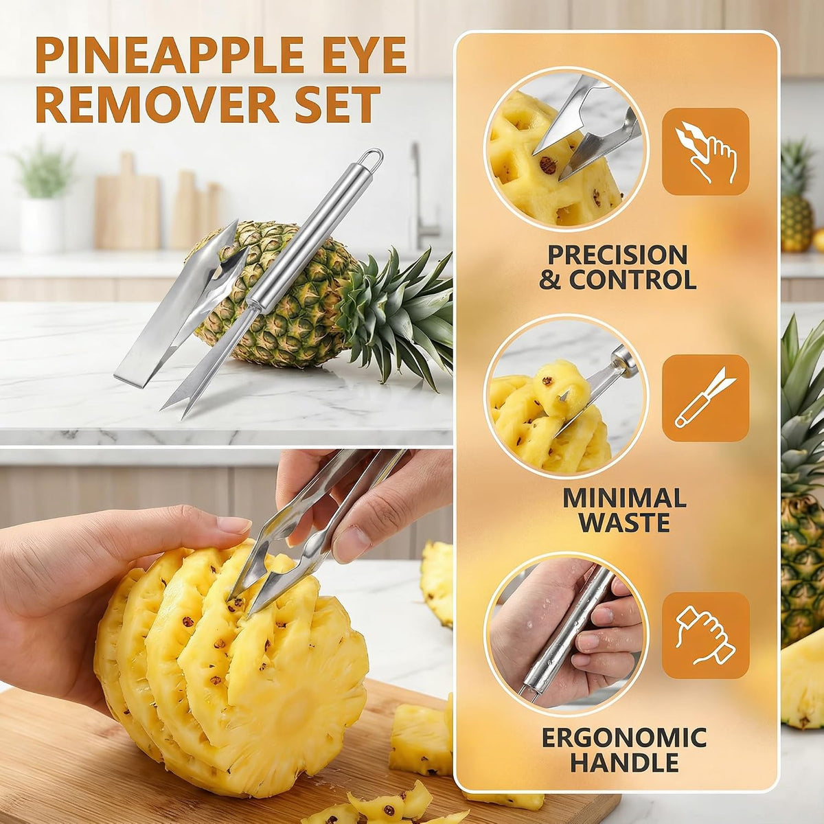 2Pcs Pineapple Eye Remover Tool Stainless Steel Peeler and Cutter Multifunctional Fruit Slicer Corer for Peel Peeler Pinapple Cut Kitchen Tools and Accessories