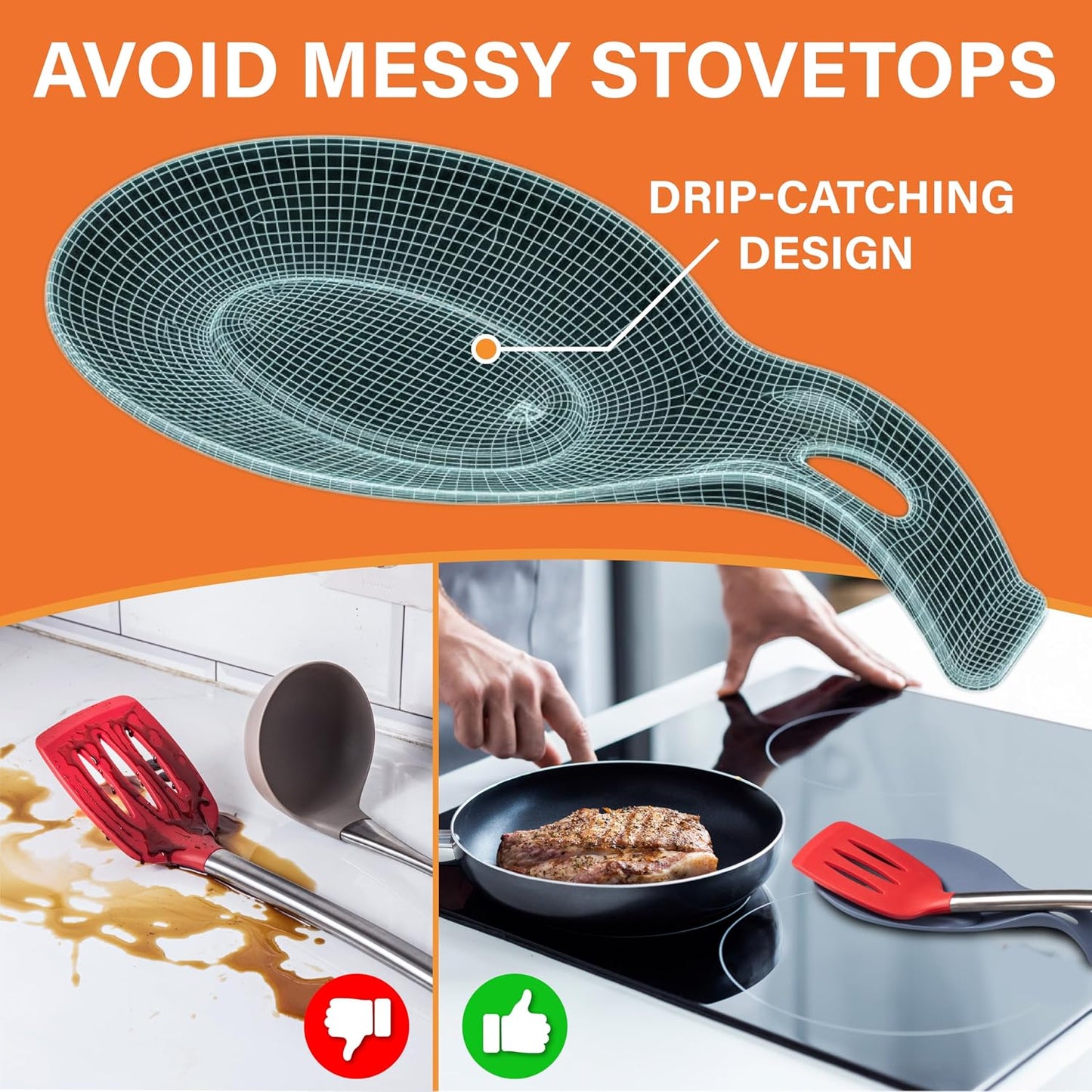 Silicone Spoon Rest for Stove Top, Set of 2, XL 9.2 Inch, DISHWASHER SAFE | NON-STICK Surface for Quick Cleanup, Non-Slip, Safe for Glass and Induction Cooktops, Raised Edges Catch Drips, Cool Gray