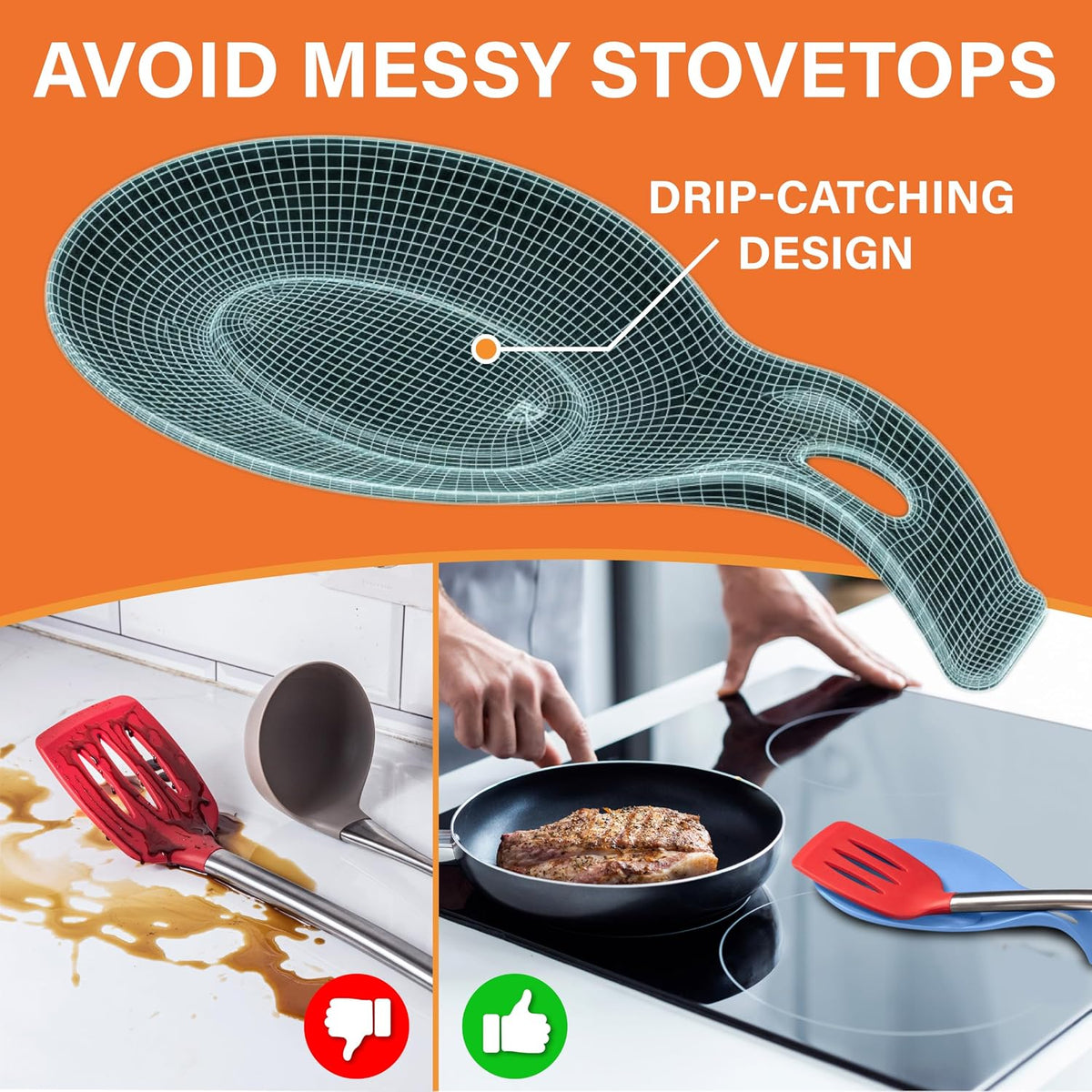 Silicone Spoon Rest for Stove Top, Set of 2, XL 9.2 Inch, DISHWASHER SAFE | NON-STICK Surface for Quick Cleanup, Non-Slip, Safe for Glass and Induction Cooktops, Raised Edges Catch Drips, Cool Gray