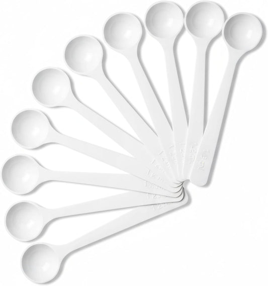 1g Plastic Measuring Spoons (2ml) – Pack of 10 Mini Scoops for Protein Poweder, Baby Formula, Baking, Coffee, Supplements – Approx. 1/5 Teaspoon Scoop (tsp)