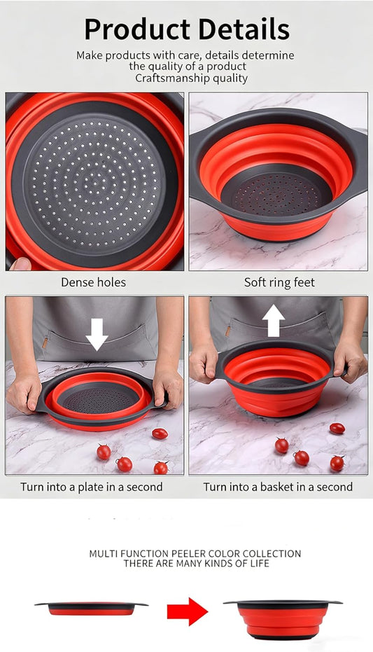 Collapsible Silicone Colander for Kitchen Sink, Foldable Vegetable Strainer Basket with Handles, Small Kitchen Drainer for Pasta Fruits and Vegetables (Red)