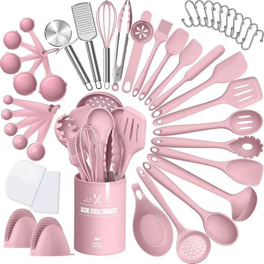 Silicone Cooking Kitchen Utensil Set, 43 Pcs Pink Cooking Utensils Set, Turner, Tongs, Spoon, Spatula, Kitchen Gadgets Tools Set For Nonstick Cookware, Heat Resistant (Dishwasher, BPA Free)