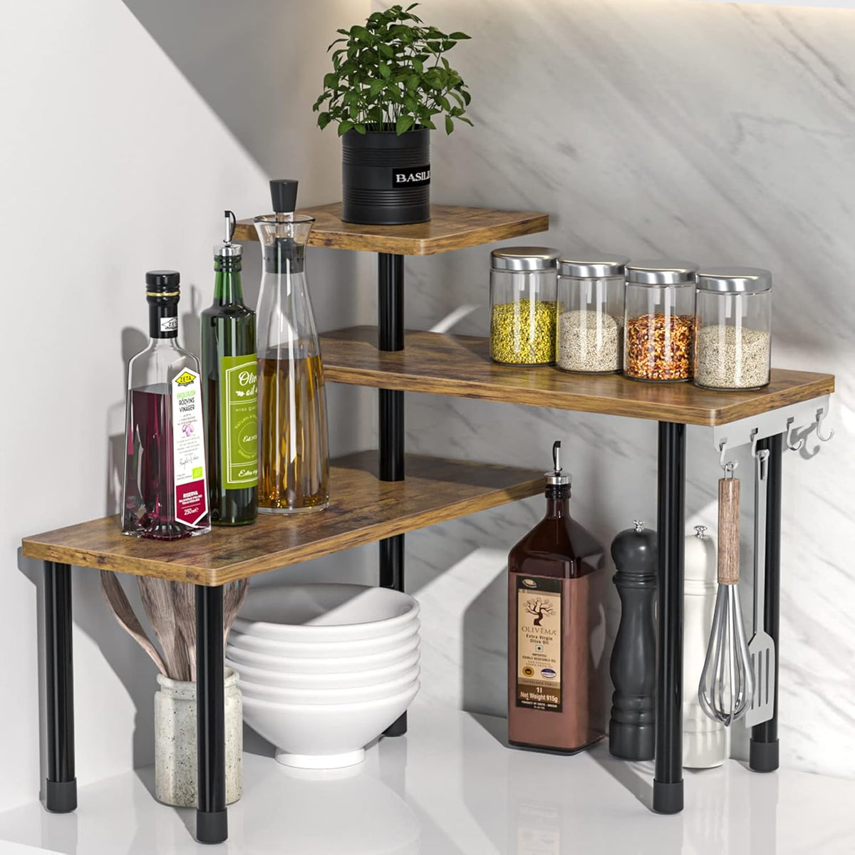 Kitchen Countertop Organizer 3-Tier Corner Shelf, Rustic Brown | Space-saving corner design organizes spices, skincare and toiletries on kitchen and bathroom counters.