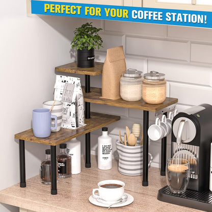Kitchen Countertop Organizer 3-Tier Corner Shelf, Rustic Brown | Space-saving corner design organizes spices, skincare and toiletries on kitchen and bathroom counters.