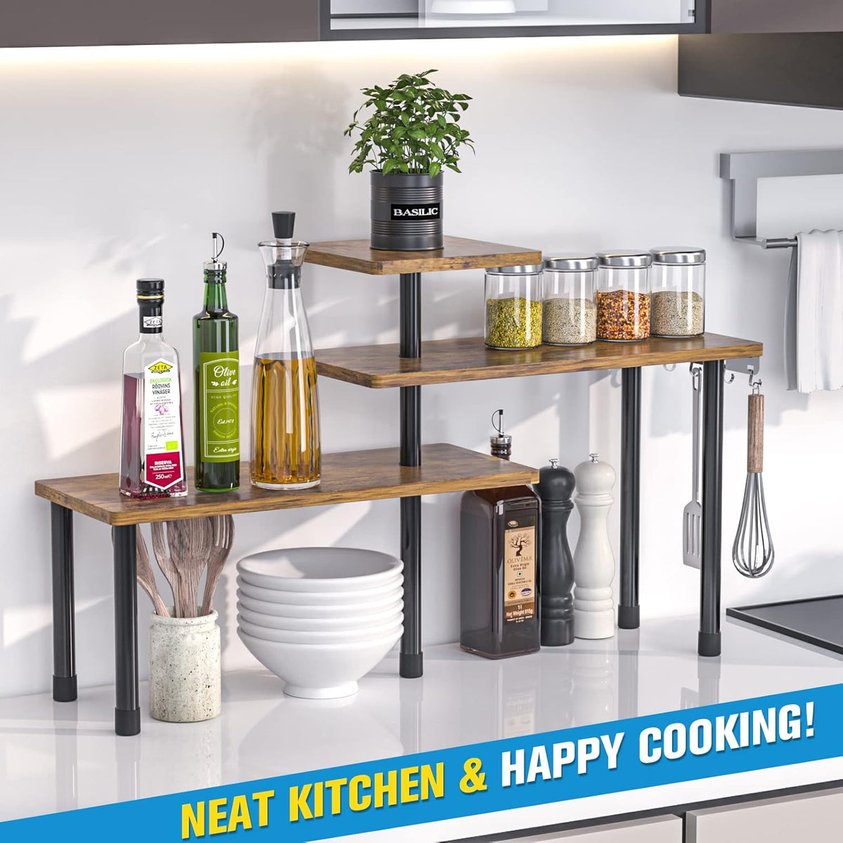 Kitchen Countertop Organizer 3-Tier Corner Shelf, Rustic Brown | Space-saving corner design organizes spices, skincare and toiletries on kitchen and bathroom counters.