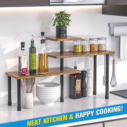 Kitchen Countertop Organizer 3-Tier Corner Shelf, Rustic Brown | Space-saving corner design organizes spices, skincare and toiletries on kitchen and bathroom counters.