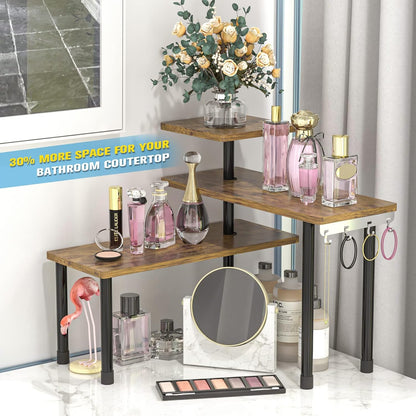 Kitchen Countertop Organizer 3-Tier Corner Shelf, Rustic Brown | Space-saving corner design organizes spices, skincare and toiletries on kitchen and bathroom counters.