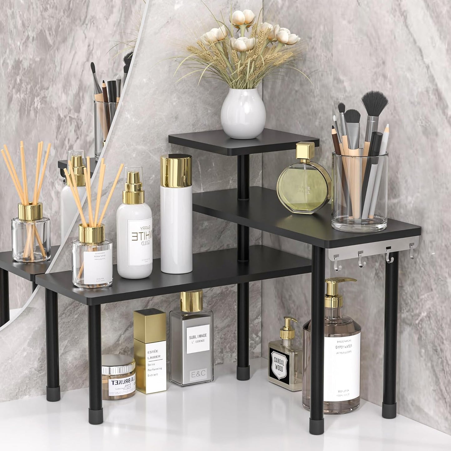 Kitchen Countertop Organizer 3-Tier Corner Shelf, Rustic Brown | Space-saving corner design organizes spices, skincare and toiletries on kitchen and bathroom counters.