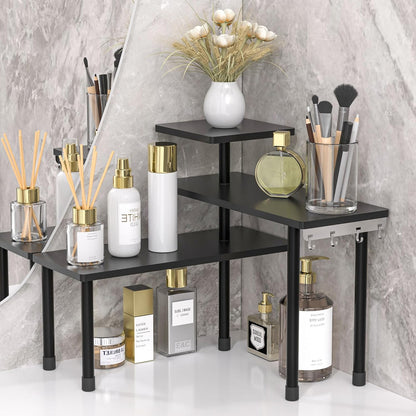 Kitchen Countertop Organizer 3-Tier Corner Shelf, Rustic Brown | Space-saving corner design organizes spices, skincare and toiletries on kitchen and bathroom counters.