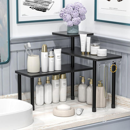 Kitchen Countertop Organizer 3-Tier Corner Shelf, Rustic Brown | Space-saving corner design organizes spices, skincare and toiletries on kitchen and bathroom counters.