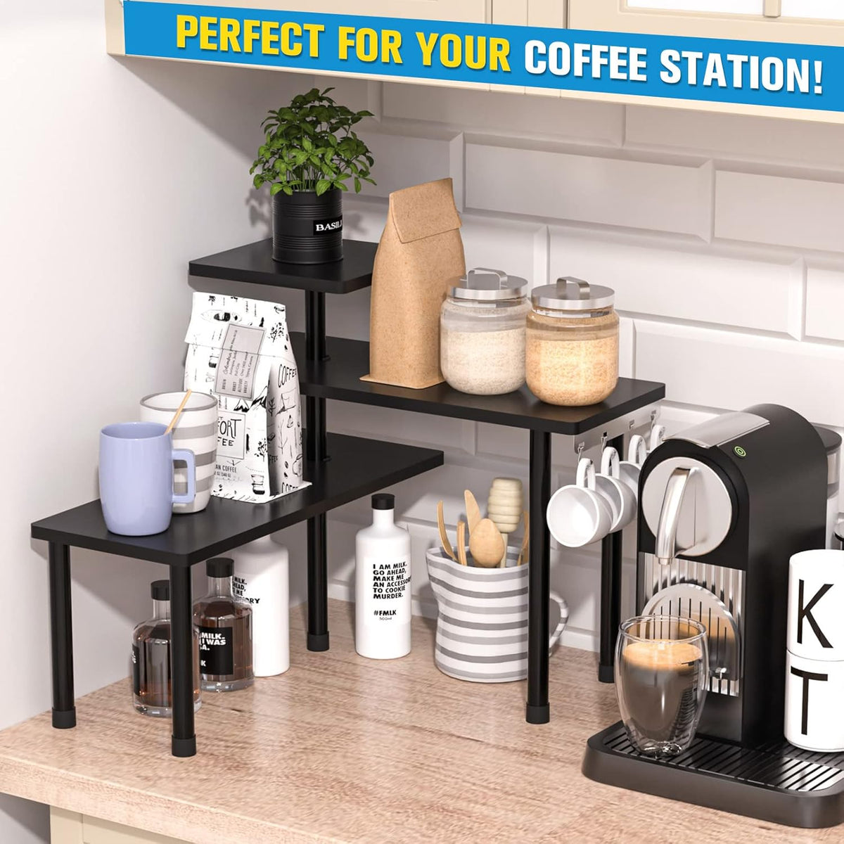 Kitchen Countertop Organizer 3-Tier Corner Shelf, Rustic Brown | Space-saving corner design organizes spices, skincare and toiletries on kitchen and bathroom counters.