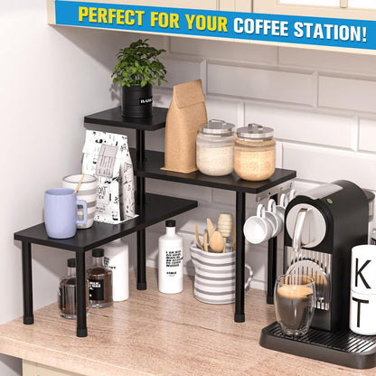 Kitchen Countertop Organizer 3-Tier Corner Shelf, Rustic Brown | Space-saving corner design organizes spices, skincare and toiletries on kitchen and bathroom counters.