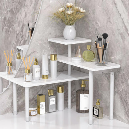 Kitchen Countertop Organizer 3-Tier Corner Shelf, Rustic Brown | Space-saving corner design organizes spices, skincare and toiletries on kitchen and bathroom counters.