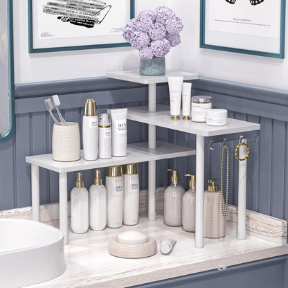 Kitchen Countertop Organizer 3-Tier Corner Shelf, Rustic Brown | Space-saving corner design organizes spices, skincare and toiletries on kitchen and bathroom counters.