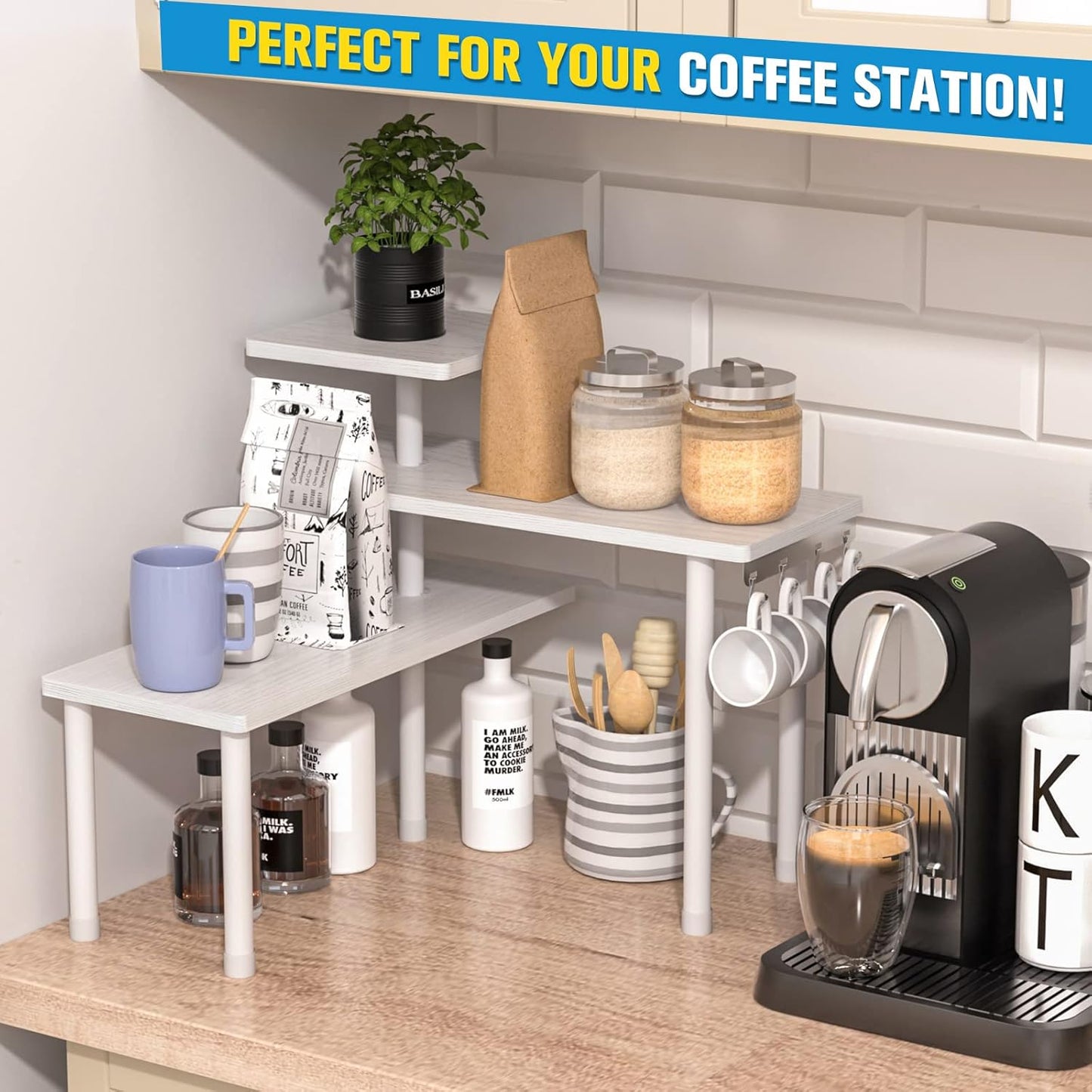 Kitchen Countertop Organizer 3-Tier Corner Shelf, Rustic Brown | Space-saving corner design organizes spices, skincare and toiletries on kitchen and bathroom counters.