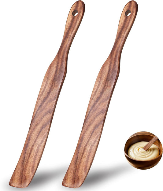 2 Pcs Solid Wood Spurtles, Thin Acacia Wood Stirrer for Sourdough Starter Jar Bottom, Long Handle Non-Scratch Heat Resistant Baking Utensils, Gift for Bakers