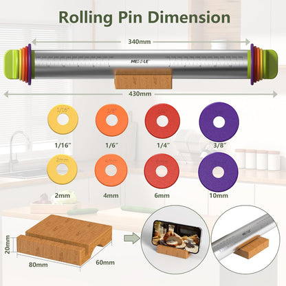 Stainless Steel Rolling Pin with Thickness Rings for Fondant, Pizza, Cookie, Pastry, Pie,Roller Rod for Dough Thickness,Rolling Pin for Baking, 13.6" with 4 Thickness Rings and Wooden Stand