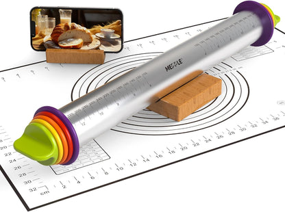 Stainless Steel Rolling Pin with Thickness Rings for Fondant, Pizza, Cookie, Pastry, Pie,Roller Rod for Dough Thickness,Rolling Pin for Baking, 13.6" with 4 Thickness Rings and Wooden Stand