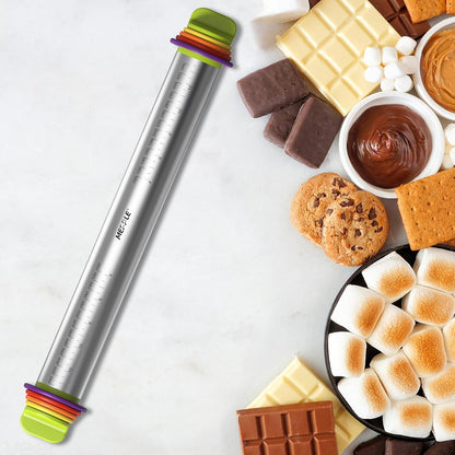 Stainless Steel Rolling Pin with Thickness Rings for Fondant, Pizza, Cookie, Pastry, Pie,Roller Rod for Dough Thickness,Rolling Pin for Baking, 13.6" with 4 Thickness Rings and Wooden Stand