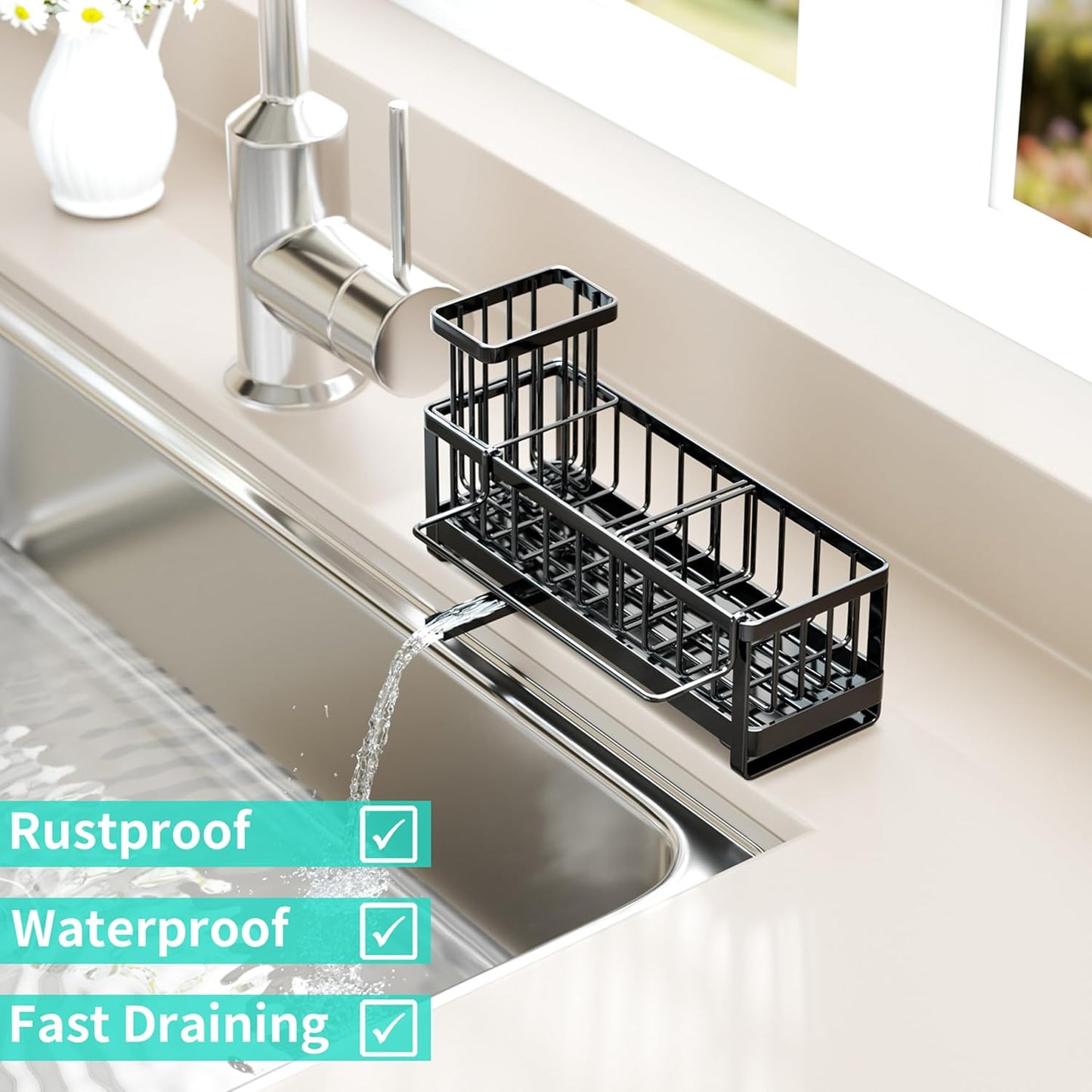 Sponge Holder for Kitchen Sink - Self-draining Sink Caddy with Brush and Dishcloth Holders, Stainless Steel Kitchen Countertop Organizers and Storage Essentials - Black