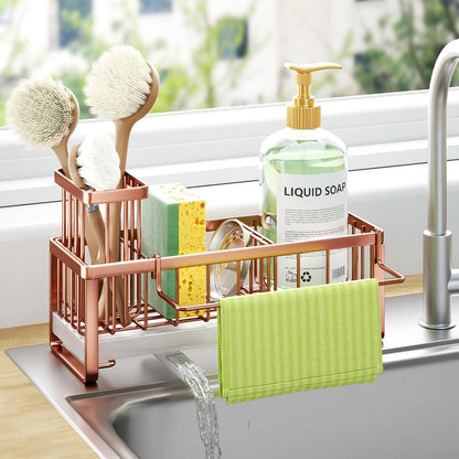 Sponge Holder for Kitchen Sink - Self-draining Sink Caddy with Brush and Dishcloth Holders, Stainless Steel Kitchen Countertop Organizers and Storage Essentials - Black