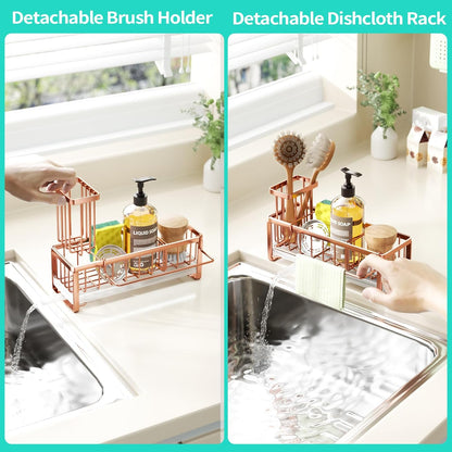 Sponge Holder for Kitchen Sink - Self-draining Sink Caddy with Brush and Dishcloth Holders, Stainless Steel Kitchen Countertop Organizers and Storage Essentials - Black