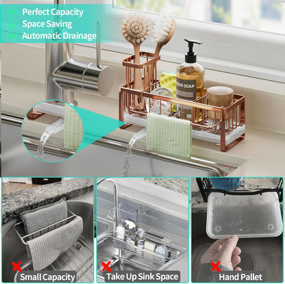 Sponge Holder for Kitchen Sink - Self-draining Sink Caddy with Brush and Dishcloth Holders, Stainless Steel Kitchen Countertop Organizers and Storage Essentials - Black