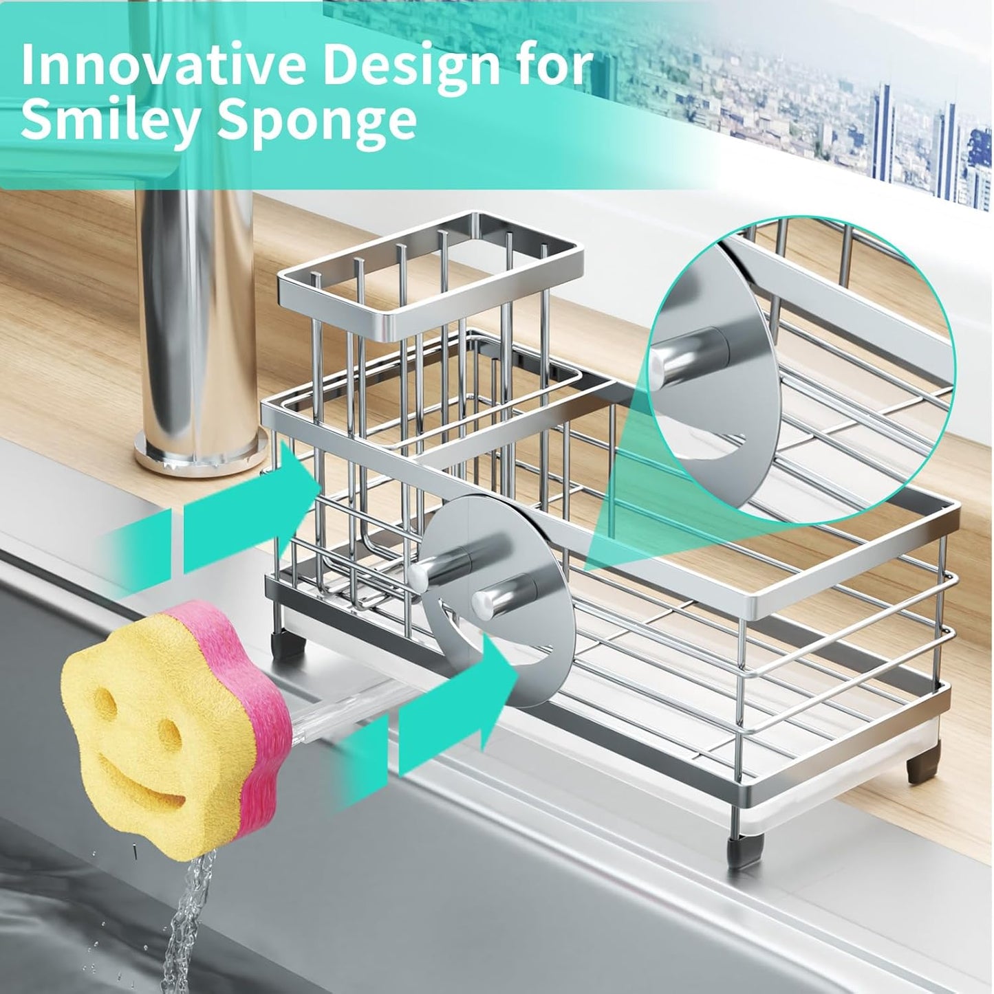 Sponge Holder for Kitchen Sink - Self-draining Sink Caddy with Brush and Dishcloth Holders, Stainless Steel Kitchen Countertop Organizers and Storage Essentials - Black