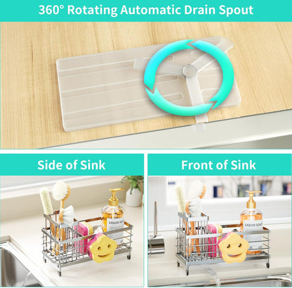 Sponge Holder for Kitchen Sink - Self-draining Sink Caddy with Brush and Dishcloth Holders, Stainless Steel Kitchen Countertop Organizers and Storage Essentials - Black