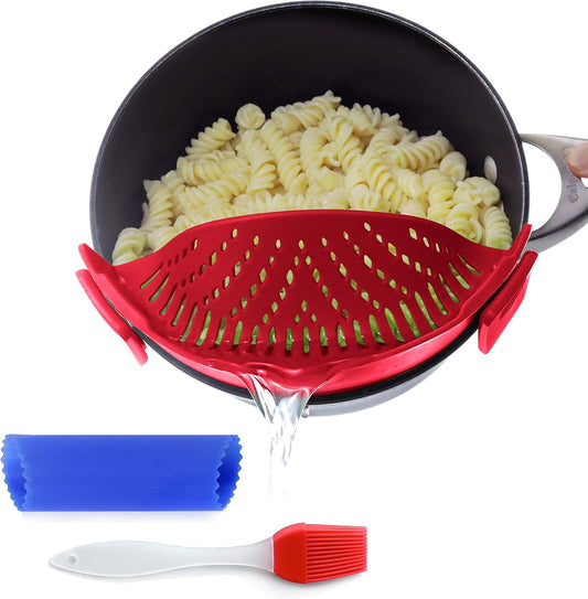 Clip On Kitchen Food Strainer for Spaghetti, Meat, Pasta, & Ground Beef Grease, Colander & Sieve Snaps or Clips Onto Bowls, Pots & Pans Includes Silicone Drainer, Brush & Garlic Peeler (Dk Red)