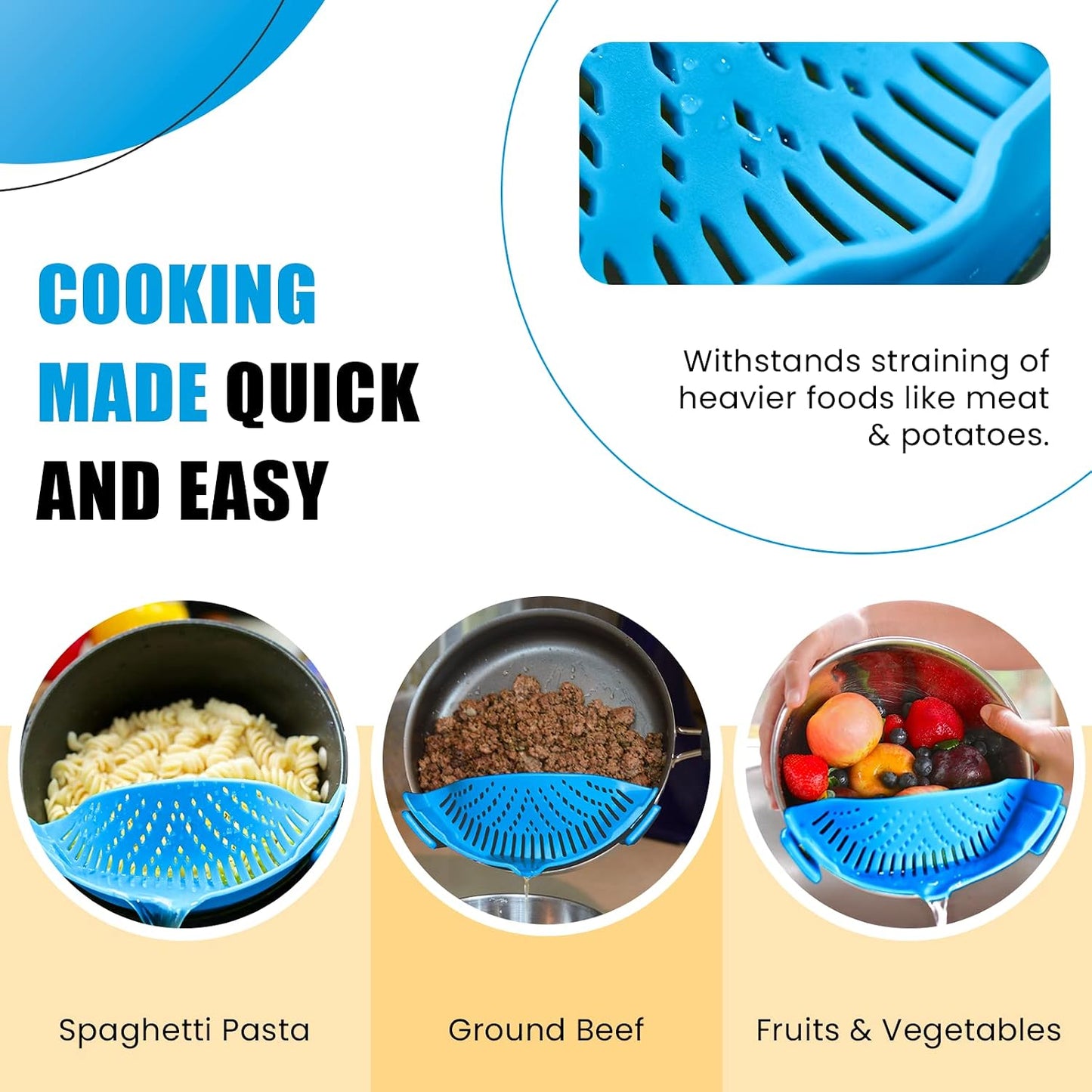 Clip On Kitchen Food Strainer for Spaghetti, Meat, Pasta, & Ground Beef Grease, Colander & Sieve Snaps or Clips Onto Bowls, Pots & Pans Includes Silicone Drainer, Brush & Garlic Peeler (Dk Red)