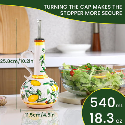 18 oz Ceramic Olive Oil Dispenser Bottle for Kitchen, Large Capacity Oli and Vinegar Cruet with Stainless Steel Spout, 540 ml Oil Container with Handle for Cooking Preventing, Vinegar Cruet