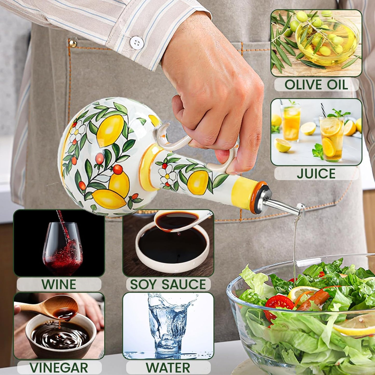 18 oz Ceramic Olive Oil Dispenser Bottle for Kitchen, Large Capacity Oli and Vinegar Cruet with Stainless Steel Spout, 540 ml Oil Container with Handle for Cooking Preventing, Vinegar Cruet