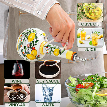 18 oz Ceramic Olive Oil Dispenser Bottle for Kitchen, Large Capacity Oli and Vinegar Cruet with Stainless Steel Spout, 540 ml Oil Container with Handle for Cooking Preventing, Vinegar Cruet