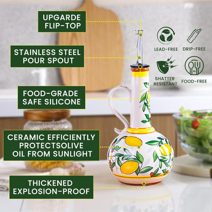 18 oz Ceramic Olive Oil Dispenser Bottle for Kitchen, Large Capacity Oli and Vinegar Cruet with Stainless Steel Spout, 540 ml Oil Container with Handle for Cooking Preventing, Vinegar Cruet
