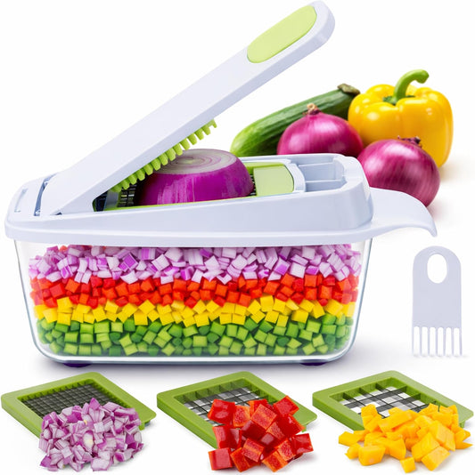QuickPush Manual Vegetable Chopper: 8-Cup Push-Down Onion Dicer & Food Chopper, 3 German Steel Blades, BPA-Free Container with Keep-Fresh Lid and Cleaning Comb - Manual, Dishwasher Safe
