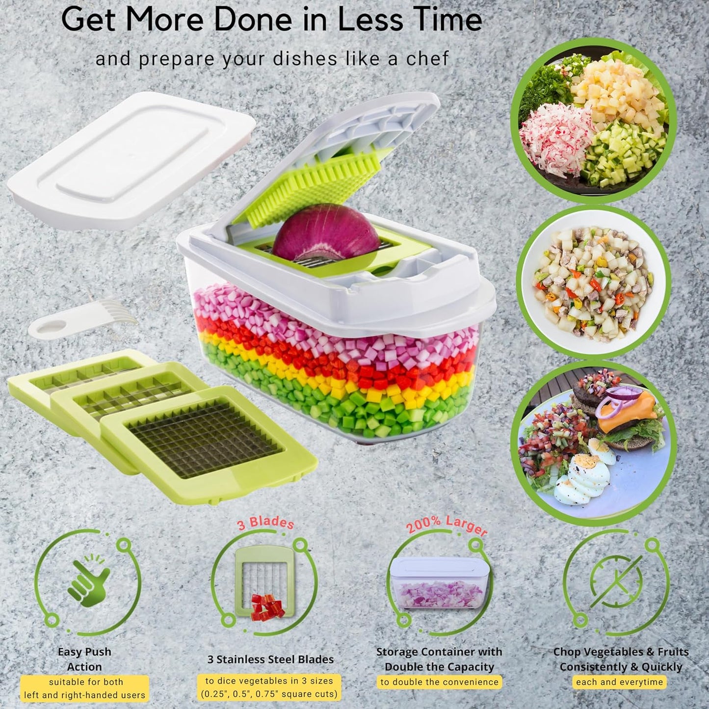 QuickPush Manual Vegetable Chopper: 8-Cup Push-Down Onion Dicer & Food Chopper, 3 German Steel Blades, BPA-Free Container with Keep-Fresh Lid and Cleaning Comb - Manual, Dishwasher Safe