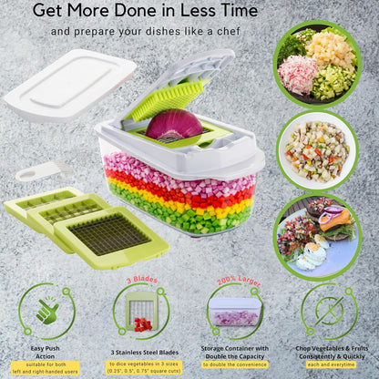 QuickPush Manual Vegetable Chopper: 8-Cup Push-Down Onion Dicer & Food Chopper, 3 German Steel Blades, BPA-Free Container with Keep-Fresh Lid and Cleaning Comb - Manual, Dishwasher Safe